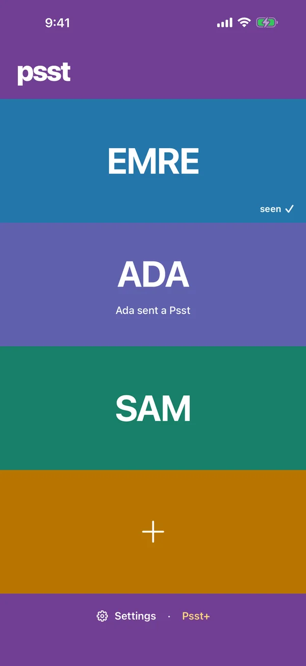 Psst home screen: a colour band for each person, Zoe, Mia and Ava, with a gold plus band to invite someone.