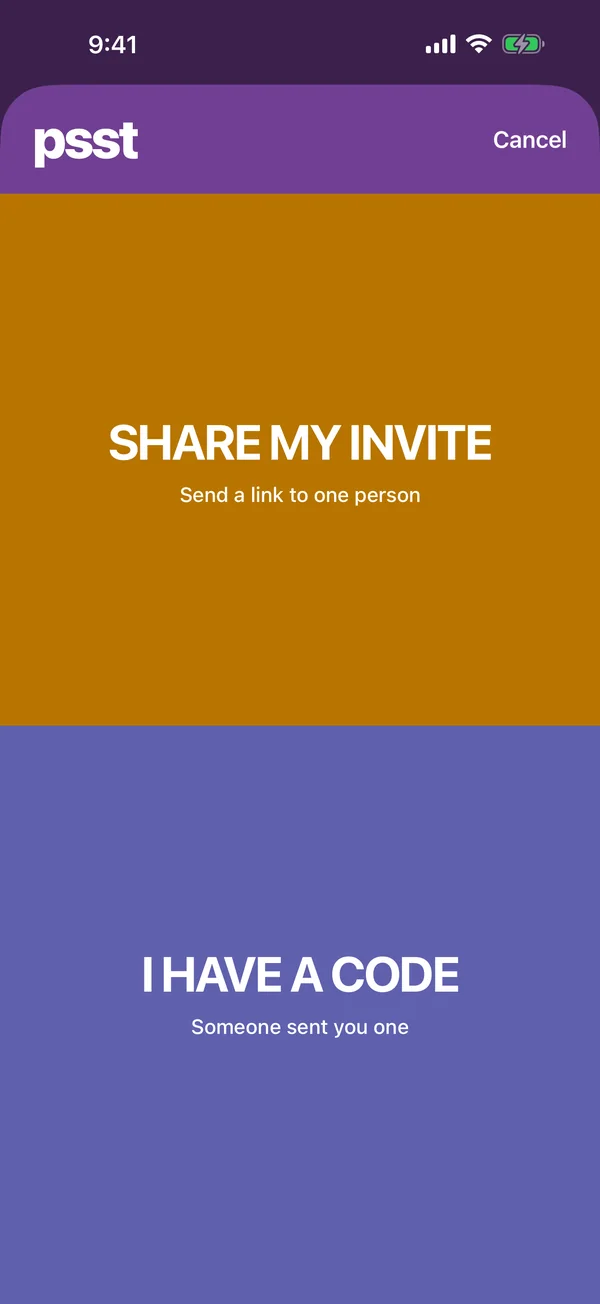 The invite screen with two bands: Share my invite, and I have a code.
